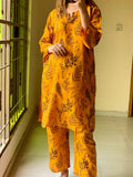 2 Pcs Women's Stitched Linen Leaf Print Suit