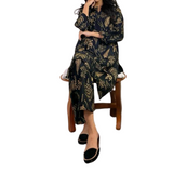 2 Pcs Women's Stitched Linen Leaf Print Suit