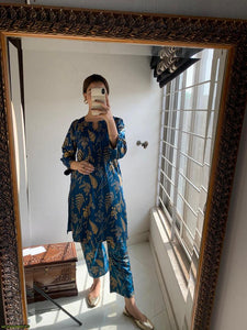 2 pcs women's stitched linen block printed shirt and trouser