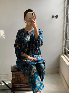 2 pcs women's stitched linen block printed shirt and trouser